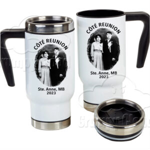 17oz stainless steel insulated travel mug permanently printed with Côté Reunion 2023 design