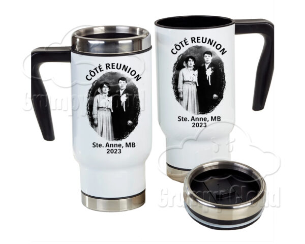 17oz stainless steel insulated travel mug permanently printed with Côté Reunion 2023 design