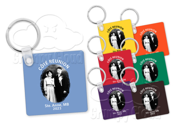 2 1/4 inch square aluminum key chains printed with the Côté Reunion 2023 design in family colours