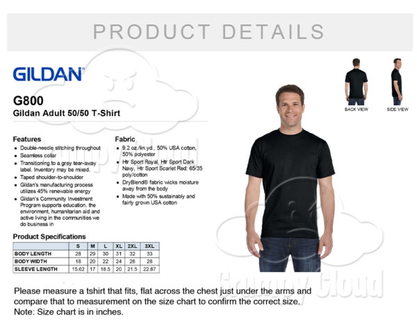 Gildan 800 unisex tshirt size chart